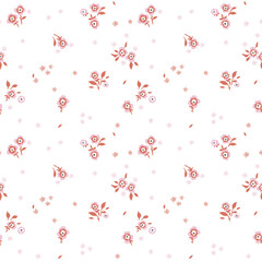 A pattern of small pink flowers and red leaves on a white background. Graphic print, floral illustrations, floral vector, vector floral pattern.