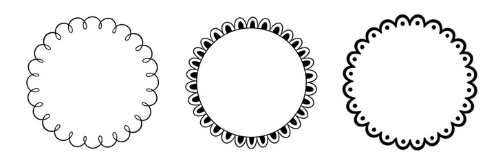 Doodle circle scalloped frame. Hand drawn scalloped edge ellipse shape. Simple round label form. Flower silhouette lace frame. Vector illustration isolated on white background.