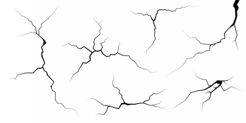 Surface cracks and fissures in ground, concrete, crevices from disaster top view. Breaks on land surface from earthquake isolated on white background. Broken ground, wall, glass pattern effect. Damage