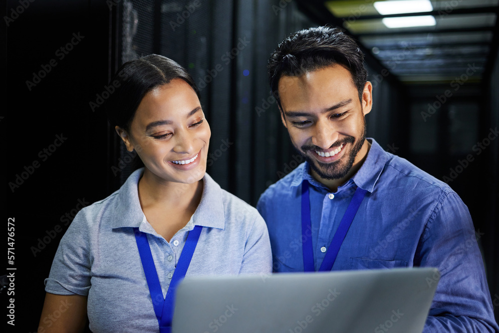 Poster People, happy or laptop in server room, IT engineering or software programming for cybersecurity, analytics or database safety. Smile, man or data center woman on technology in teamwork collaboration