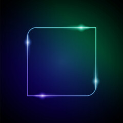 Neon Frame with Glow, and Sparkles. Electronic Luminous Square Frame in Blue amd Green Colors, for Entertainment Message or Promotion Theme on Dark