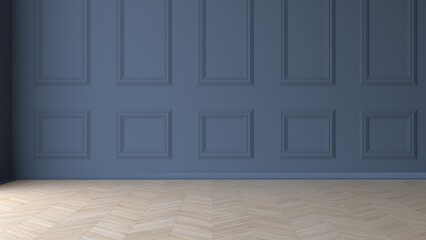 Empty room with light wooden floor and classic blue wall. 3D-rendering
