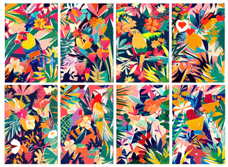 Fototapeta na wymiar Colorful Safari Jungle with tropical leaves, animals, birds and exotic flowers. Vector illustration.