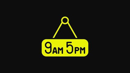 Yellow From 9 to 5 job icon isolated on black background. Concept meaning work time schedule daily routine classic traditional employment. 4K Video motion graphic animation