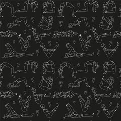 Seamless pattern with single line drawings of yoga poses. Linear hand drawn asana doodles wallpaper on black background