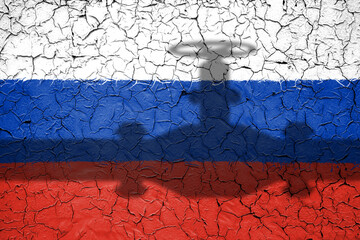 Flag of Russia painted on a wall with word SANCTIONS. Embargo and sanctions for military aggression.
