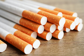 Cigarette, roll tobacco in paper with filter tube, No smoking concept.