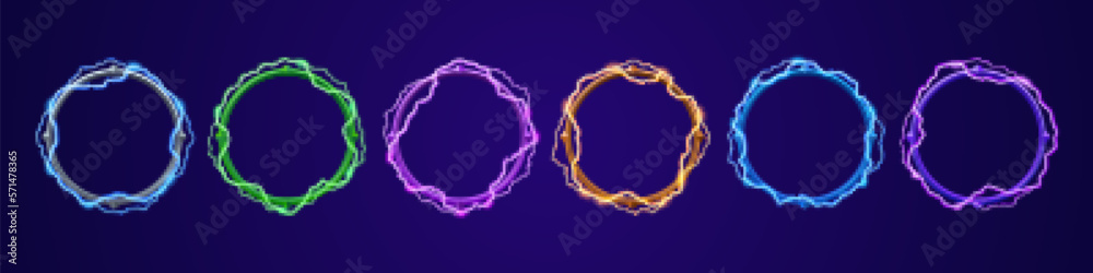 Poster ui circle border for profile avatar in game with electricity lightning effect. neon thunderbolt fram