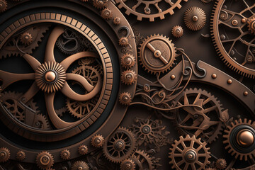 Fototapeta na wymiar Vintage rusty Machinery gears steampunk background. Generative AI