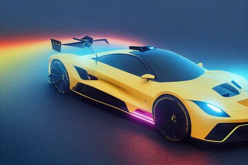 Plakat Front view of the LED headlights yellow super car on black background, free space on left side for text. Generative AI