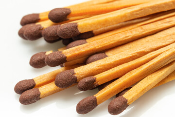 close up Pile of matchsticks isolated on white