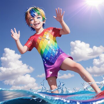 emotional child, with a bright smile, under a stream of paint, bright rainbow colors, multicolored background, body art, dynamic pose, colored hair, fantasy, generated in AI