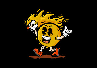 Illustration character design of yellow mascot holding a cigarette
