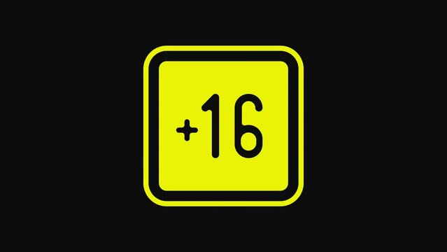 Yellow Plus 16 movie icon isolated on black background. Adult content. Sixteen plus icon. Censored business concept. 4K Video motion graphic animation
