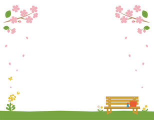 背景素材　桜　春の公園のベンチ