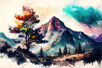 Landscape of mountains and forests in a watercolor style. Painted nature. Generative AI