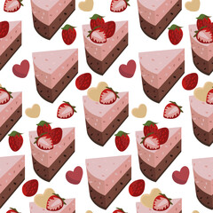 A set of pieces of chocolate and strawberry cake. Dessert with decorative elements of strawberries. Background for printing on textiles and paper. Seamless gift wrapping for the birthday party