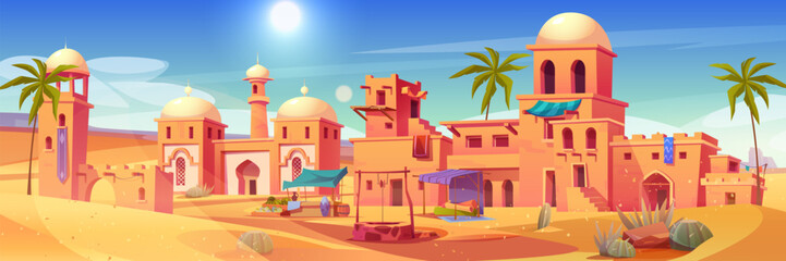 Naklejka na ściany i meble Ancient arab city with market and palace in desert. Vector cartoon illustration of sandy area with traditional yellow houses, antique castle, islamic mosque buildings, palms. Travel game background