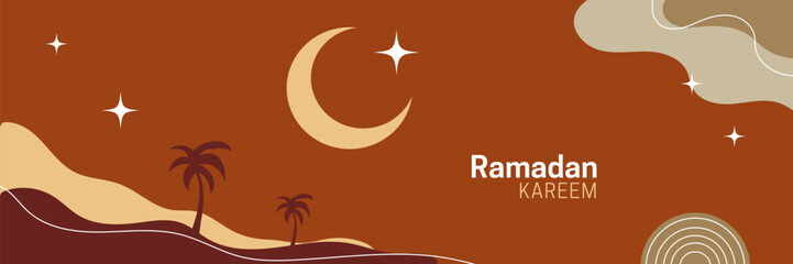 Fototapeta na wymiar Ramadan Kareem boho design in modern art style. Abstract minimal background with moon, stars, sand desert. Vector illustration for wallpaper, web banner, backdrop template