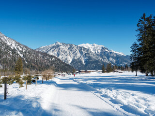 Pertisau am Achensee im Schnee. Langlaufloipen und Langläufer zwischen langlauf-zentrum von Naturpark Karwendel und Tristenautal mit Blick auf das Rofanmassiv am Horizont
