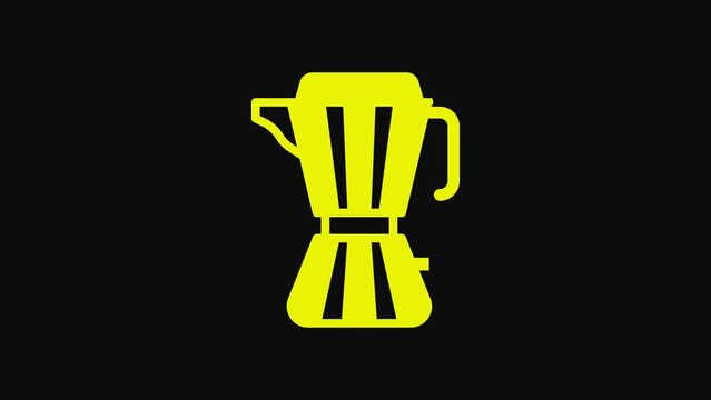 Yellow Coffee maker moca pot icon isolated on black background. 4K Video motion graphic animation