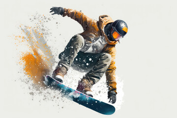 illustration painting of a snowboarding on white background. The snowboarder man doing a trick. Carving. digital illustration (ai generated)