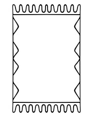 The carpet is rectangular. Sketch. Floor covering with zigzag pattern. Fringed floor mat. Vector illustration. Rug in doodle style. Outline on isolated background. Coating for creating a cozy interior
