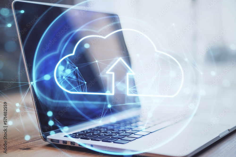 Poster Internet data storage and computing network concept with digital glowing cloud symbol with arrow on modern laptop background, double exposure