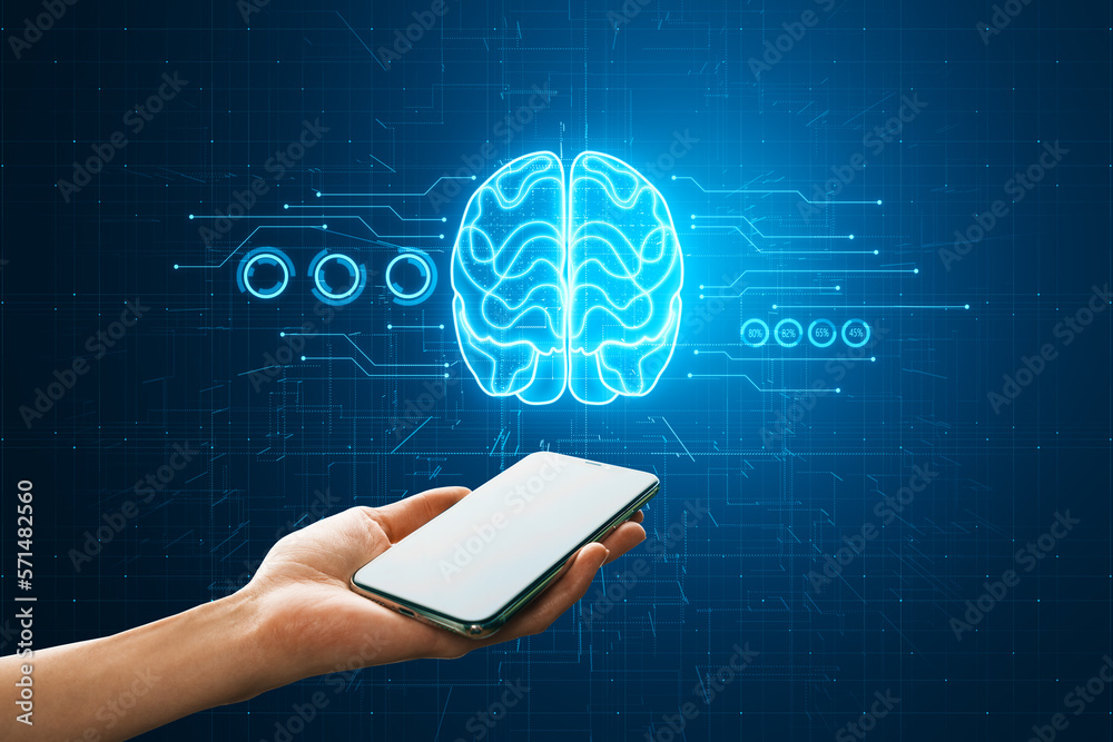 Poster close up of female hand holding cellphone with glowing brain hologram on blurry dark circuit backgro