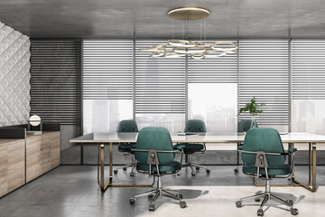 Modern conference room with stylish lamps on top above light meeting table surrounded by green...