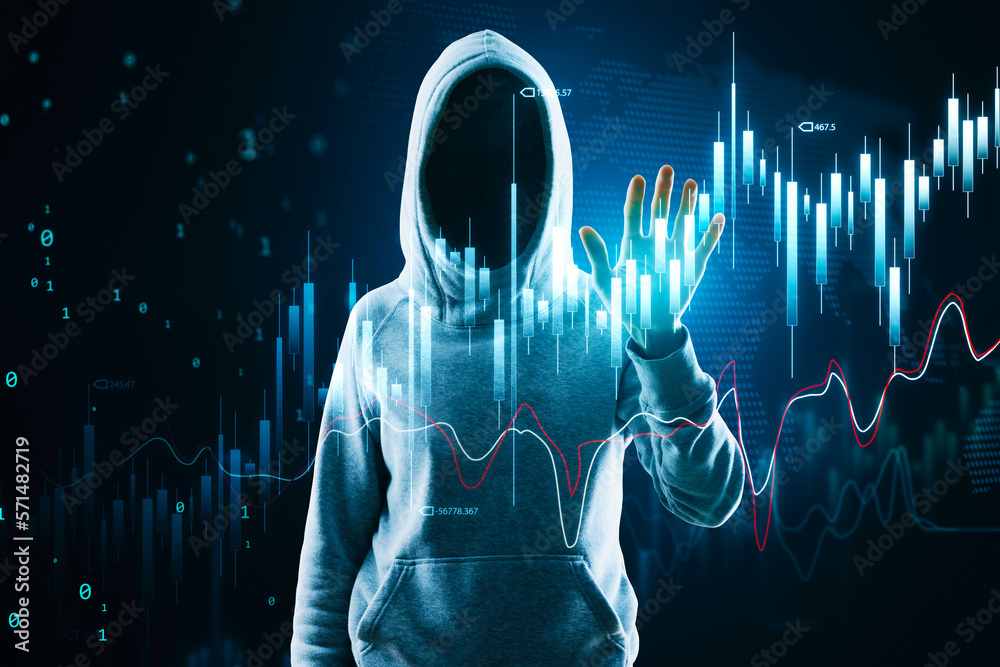 Poster Unrecognizable hacker in hoodie pointing at glowing forex chart on blurry background. Hack and growth concept. Double exposure.