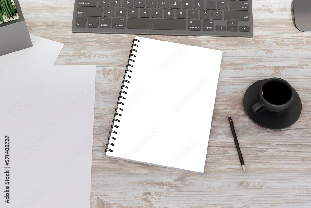 Aufkleber Top view of wooden desktop with empty white notepad, pen and coffee cup. Workspace concept. 3D Rendering.