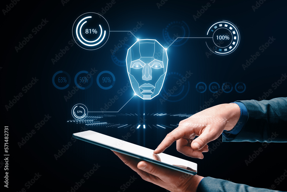 Poster AI system in hologram human head with HUD display elements. Artificial Intelligence for VR with tech shapes HUD. Biometric technology, face recognition systems. Male hand pointing at smartphone.
