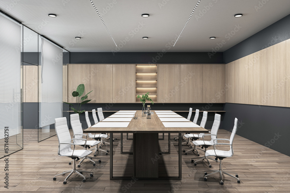 Poster side view on dark wooden conference table surrounded by white chairs on parquet floor in spacious me