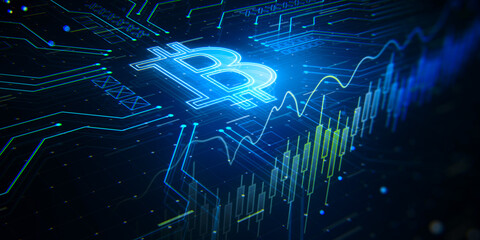 Cryptocurrency, investing and digital money concept with perspective view on glowing blue bitcoin icon on dark background in form of microcircuit and financial chart candlestick. 3D rendering