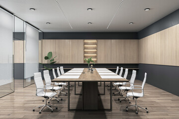 Side view on dark wooden conference table surrounded by white chairs on parquet floor in spacious...