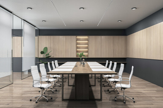 Side view on dark wooden conference table surrounded by white chairs on parquet floor in spacious meeting room with light wall decoration background and transparent door partitions. 3D rendering