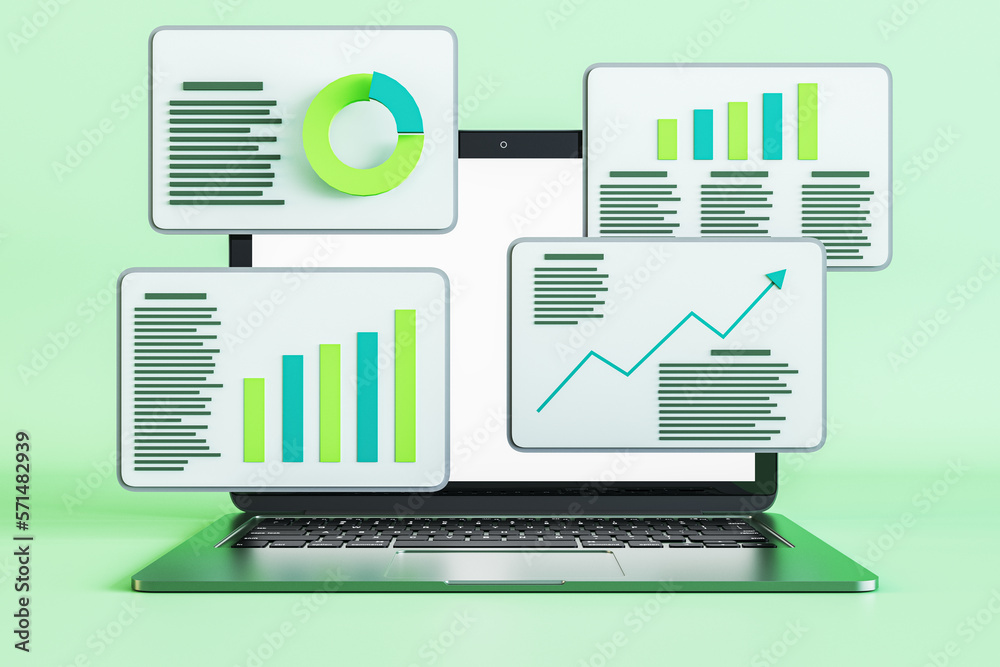 Poster laptop on green background with various business charts. analytics and trend concept. 3d rendering.