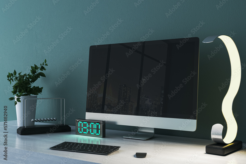Aufkleber Close up of modern designer desktop with empty mock up computer monitor with city reflections, supplies and various items on blue concrete wall background. 3D Rendering.