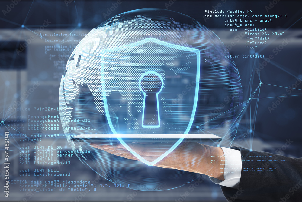 Poster social global network and cyber security concept with blue guard shield and world map globe on man h