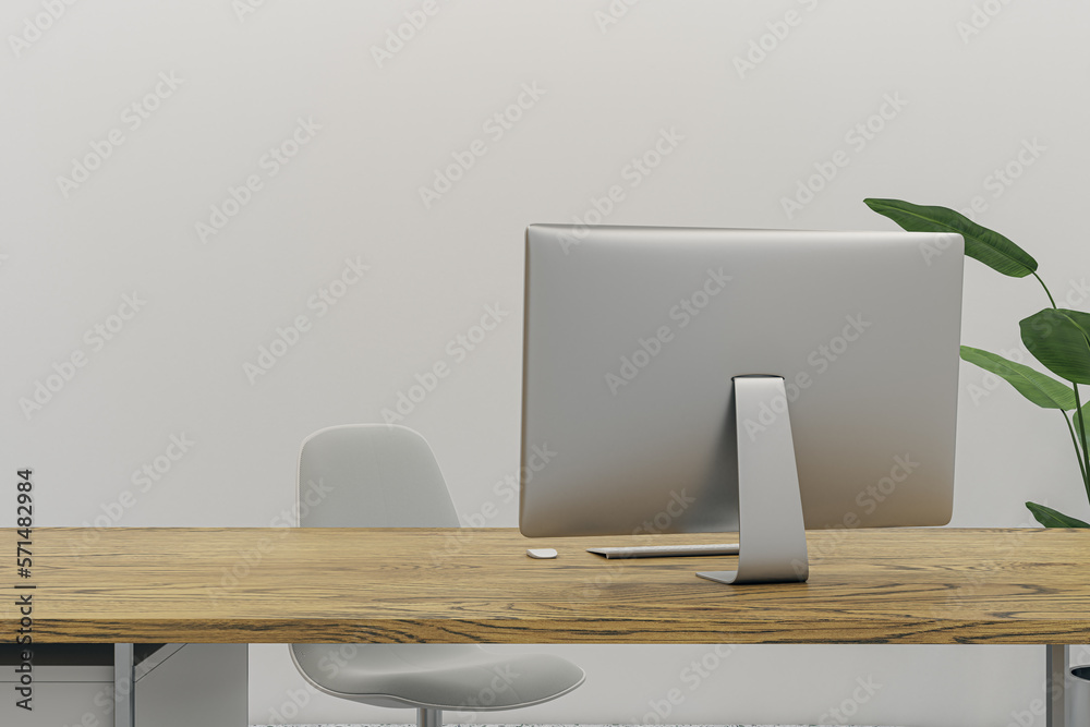 Poster Modern office interior with empty mock up place on wall, furniture and computer. 3D Rendering.