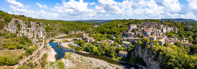 Aerial view of Balazuc, one of the most beautiful village in Ardeche, South of France