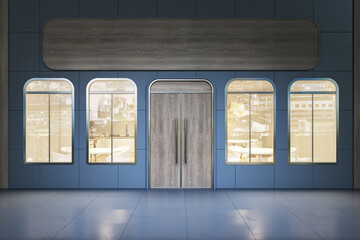 Modern night time shop entrance facade with empty mock up wooden banner and city reflections on windows. 3D Rendering.
