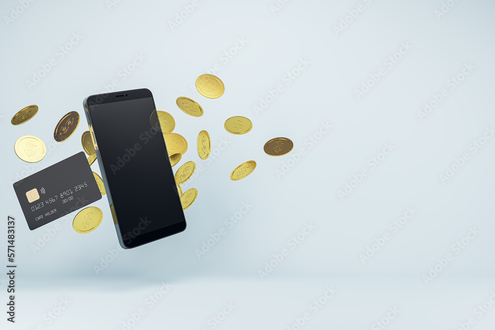 Poster online bank concept with modern smartphone with blank screen on light background with place for adve