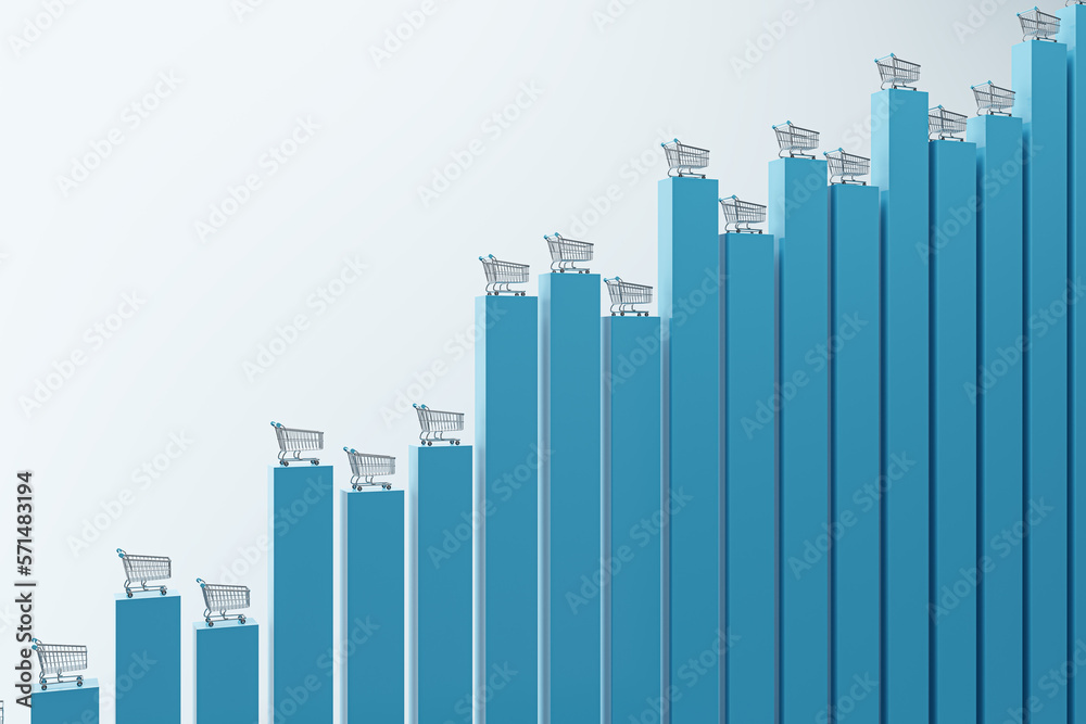 Poster Consumer demand increase concept with metallic shopping carts on tops of growing financial chart graph pillars on abstract light background. 3D rendering
