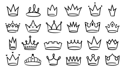 Fototapeta na wymiar Hand drawn crown. Simple sketch royal king and queen crowns, hand drawn elegant majestic tiara and monarch graffiti vector icons set. Male and female royal accessory with gems, jewelry