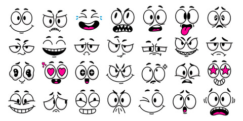 Cartoon faces. Facial expressions for retro old style characters or 1970s animation mascot vector illustration set. Smiling, scared, angry and sad emotions isolated on white, emoticons collection
