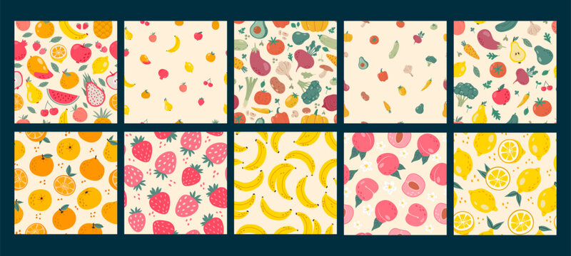 Doodle grocery patterns. Local food vegetables, sweet fruits and berries seamless vector background illustration set. Fresh organic veggies, tasty citrus and berries seamless pattern