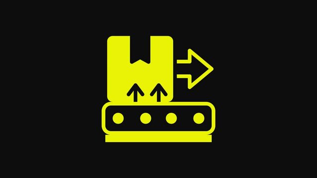 Yellow Conveyor belt with cardboard box icon isolated on black background. 4K Video motion graphic animation