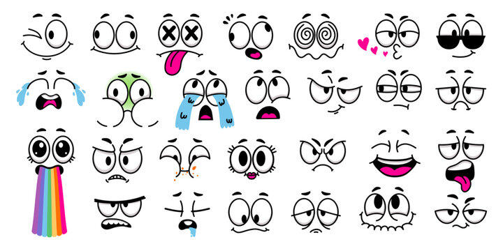 Cartoon facial expressions. Comic faces with caricature eyes, doodle eyebrows and mouth for 1970 animation style character design vector set. Character feeling sick, crying and eating